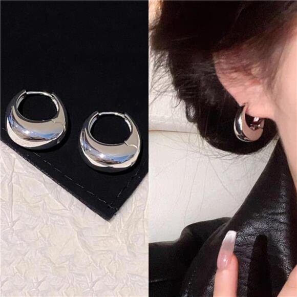 Anthropologie Glossy French Shiny Silver Hoop Earrings - Picture 3 of 6